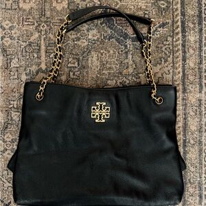 Tory Burch Black Handbag with Chain Handle and Gold Accents - 3 Interior Pockets